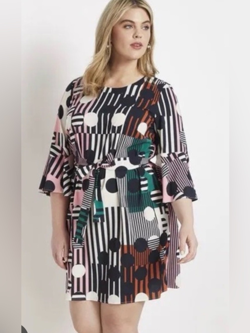 Eloquii Black, White, Pink & Green Geometric Tie-Waist Midi Dress